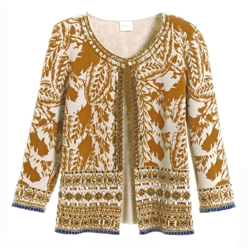 Chico's Embellished Pattern Cardigan Beaded Sweater